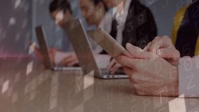 Colleagues tapping smartphone at table and generating animated data overlay for business analysis. Technology, collaboration, data visualization, digital workspace, professionalism, analytics, - Powered by Shutterstock - Get 15% off with code: PIKWIZARD15