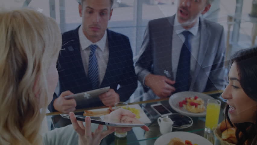 Business team raising tablet initiating digital overlay at breakfast meeting and analyzing data. Corporate, collaboration, innovation, technology, modern, networking, brainstorming - Powered by Shutterstock - Get 15% off with code: PIKWIZARD15