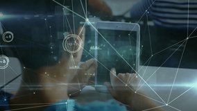 Child tapping tablet generating data network with nodes, bars illustrating technology data flow. Futuristic, digital, connectivity, innovation, tech-savvy, interface, data visualization - Powered by Shutterstock - Get 15% off with code: PIKWIZARD15