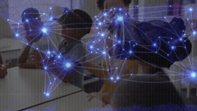 Teacher guiding students donning VR headsets and interacting with network overlay for education. Virtual reality, edtech, immersive, digital network, interactive learning, classroom technology, - Powered by Shutterstock - Get 15% off with code: PIKWIZARD15