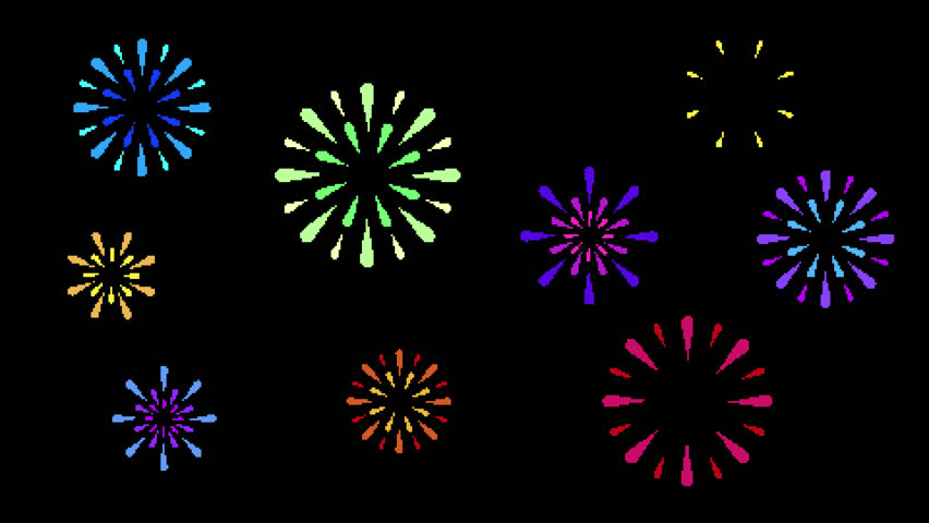 8-bit style colorful fireworks animation (10-second loop with luminance matte)