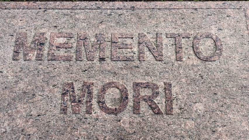 Close-up of engraved Memento Mori text on weathered stone slab with a black bug crawling on the surface. Suitable for symbolic, philosophical Stoic quotes and self-improvement content.