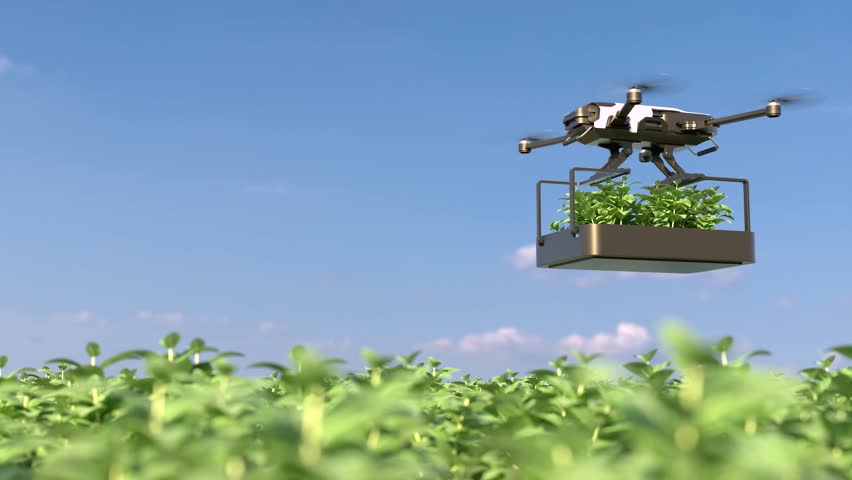 Drones transporting vegetables in a vegetable plot, Agriculture technology, Farm automation.