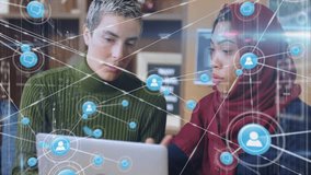 Colleagues at laptop with network icon expanding highlighting connections for mapping tech network. Collaboration, digital, connectivity, innovation, technology, teamwork, data - Powered by Shutterstock - Get 15% off with code: PIKWIZARD15