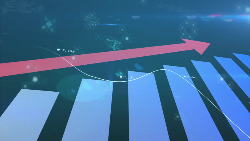 At start, 3D bars rising with extending red arrow waving white line updating labels showing growth. Futuristic, data, analytics, visualization, technology, digital, abstract