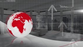 On starting globe spinning leftward, data streams drifting arrows appearing visualizing data loop. Geospatial, technology, futuristic, digital, urban, analytics, innovation - Powered by Shutterstock - Get 15% off with code: PIKWIZARD15