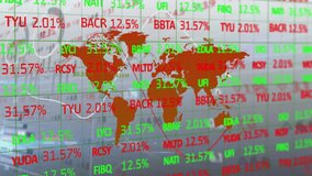 Fading red map launching green red tickers fluctuating percentages showing market trends. Data visualization, financial analysis, stock market, digital interface, corporate technology, economic data, - Powered by Shutterstock - Get 15% off with code: PIKWIZARD15
