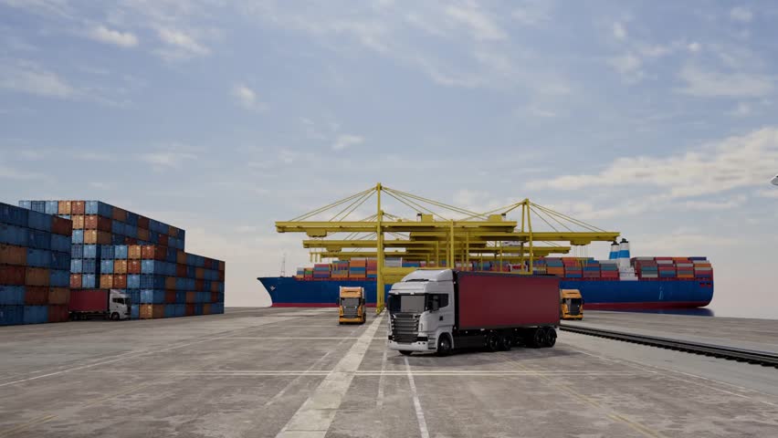 Looped 3D animation of a cargo ship cruising over calm ocean waters, perfect for illustrating maritime shipping, global trade, and commercial logistics themes
