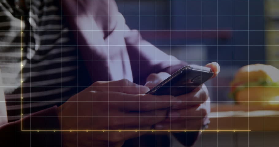 Business user tapping smartphone, initiating grid sliding bars as graph emerging for metrics review. Technology, data, analytics, modern, professional, workspace, digital