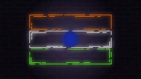 4K looping animation of India's national flag in neon lights. Glowing tricolor stripes with a radiant Ashoka Chakra over a dark brick wall background. Perfect for Republic or Independence Day visuals. - Powered by Shutterstock - Get 15% off with code: PIKWIZARD15