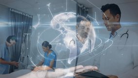 doctor reviewing clipboard and nurse adjusting IV, network lines forming globe enabling telehealth. Medical team, telemedicine, digital health, healthcare technology, patient care, hospital ward, - Powered by Shutterstock - Get 15% off with code: PIKWIZARD15