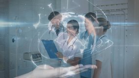 Medical team reading clipboard causing lines linking into rotating globe showing healthcare unity. Healthcare, collaboration, technology, innovation, modern, global, professionalism - Powered by Shutterstock - Get 15% off with code: PIKWIZARD15