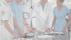 Female practitioner speaking initiating animated charts around doctors and nurses reviewing data. Collaborative, teamwork, professionalism, healthcare, consultation, modern, conference - Powered by Shutterstock - Get 15% off with code: PIKWIZARD15