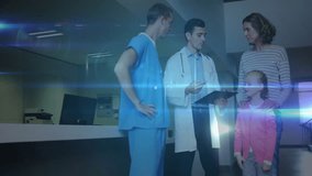 Doctor sharing health data with mother and child at hospital reception, network growing around team. Medical, consultation, healthcare, technology, connectivity, digital, communication - Powered by Shutterstock - Get 15% off with code: PIKWIZARD15