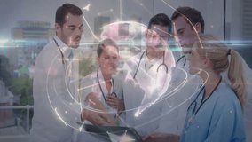 Medical team focusing on X-ray scans and generating animated globe overlay integrating health data. Healthcare, diagnostics, collaboration, innovation, technology, urban, futuristic - Powered by Shutterstock - Get 15% off with code: PIKWIZARD15
