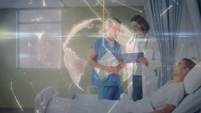 Glowing nodes forming spinning globe, nurse and doctor reviewing chart for patient care. Medical, healthcare, technology, digital, connectivity, innovation, collaboration - Powered by Shutterstock - Get 15% off with code: PIKWIZARD15