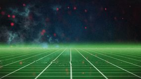 Grid plane receding to horizon initiating particle drifting with red dotted arcs visualizing growth. Futuristic, sci-fi, digital, neon, cosmic, abstract, technology - Powered by Shutterstock - Get 15% off with code: PIKWIZARD15