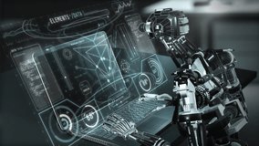 Robot working on laptop with holographic data displaying futuristic technology - Powered by Shutterstock - Get 15% off with code: PIKWIZARD15