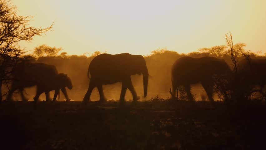 Herd of elephants walking across the dusty African savanna at sunset in Etosha National Park, Namibia, Silhouetted in warm orange light. Slow motion of wild beauty.