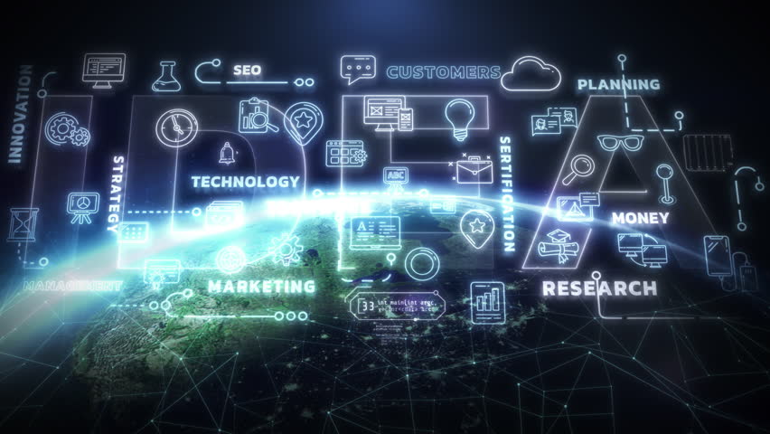 Global business idea connecting technology, marketing, and customers