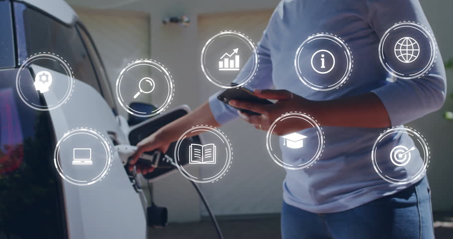 Woman tapping smartphone and revealing technology icons while connecting charging cable to power EV. Technology, innovation, sustainability, connectivity, modern, ecofriendly, digital