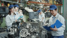 Digital technology concept with workers operating machines in factory - Powered by Shutterstock - Get 15% off with code: PIKWIZARD15