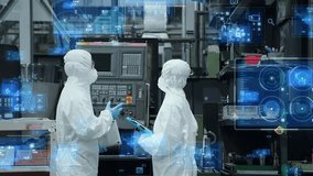 Group of engineers in dustproof suits operating machines in factory and digital data concept - Powered by Shutterstock - Get 15% off with code: PIKWIZARD15