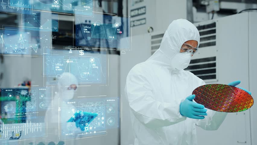 Group of workers in protective suits inspecting semiconductor wafers in factory, digital technology concept - Powered by Shutterstock - Get 15% off with code: PIKWIZARD15