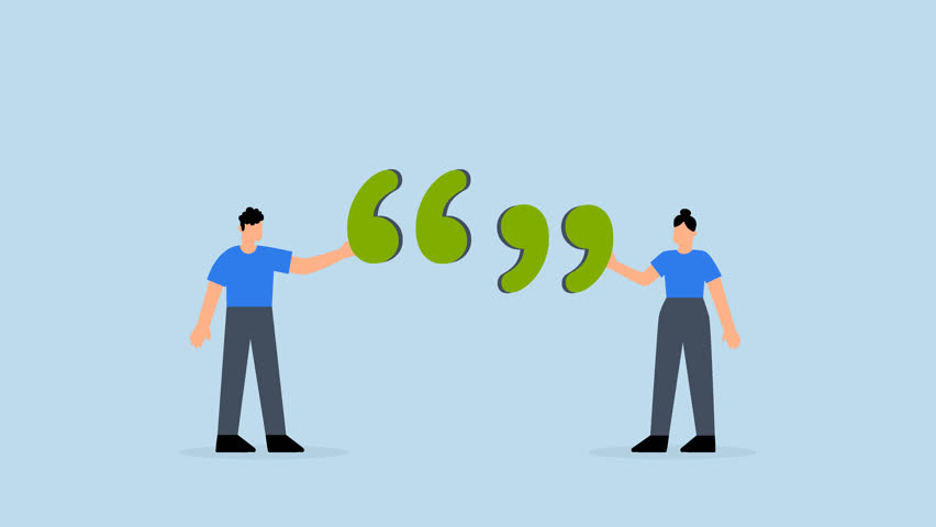 4k animation of businessman and businesswoman standing with quotation mark sign.