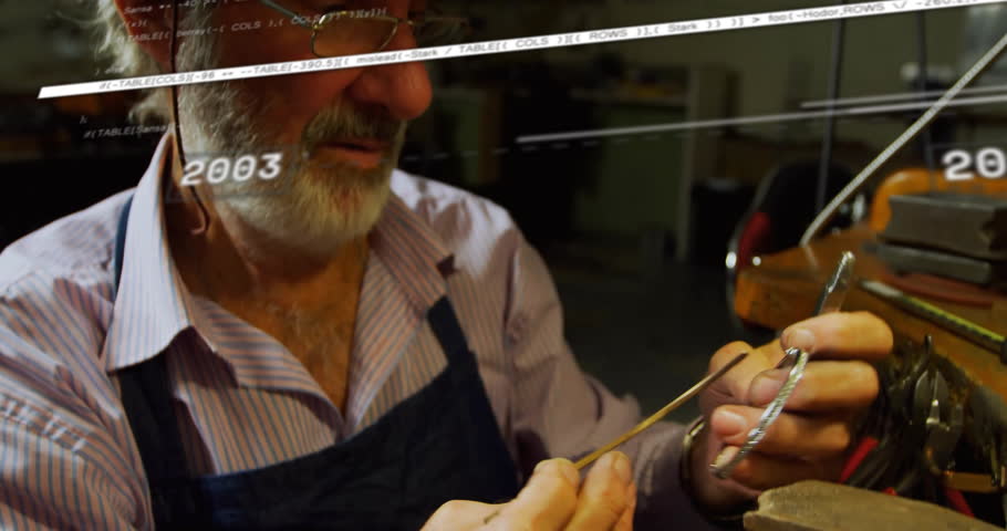 Senior craftsman filing chain links at metalwork bench while sliding timeline showing experience. Artisan, craftsmanship, industrial, vintage, meticulous, artisanality, metalwork