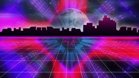 Neon dots appearing under moon on grid forming glowing triangle pulsing beams showing pixel skyline. Futuristic, cyber, sci-fi, vibrant, reflective, digital, abstract - Powered by Shutterstock - Get 15% off with code: PIKWIZARD15