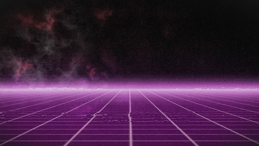 At start, neon purple streaks cascading diagonally across retro grid building digital backdrop. Futuristic, cyber, abstract, vibrant, kinetic, sci-fi, digital