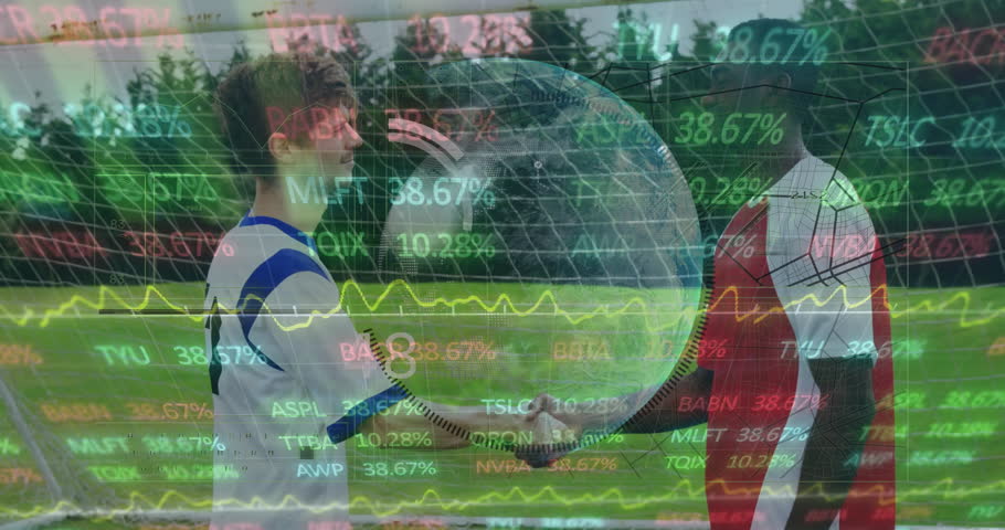 Two soccer players shaking pre-match handshake on pitch after HUD showing percentages and hologram. Sports, teamwork, competition, technology, analytics, athletic, victory