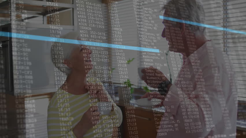 Couple sipping and gesturing in kitchen initiating animated code overlay showing tech data flow. Senior, couple, conversation, modern, cozy, digital, connection - Powered by Shutterstock - Get 15% off with code: PIKWIZARD15