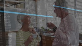 Couple sipping and gesturing in kitchen initiating animated code overlay showing tech data flow. Senior, couple, conversation, modern, cozy, digital, connection - Powered by Shutterstock - Get 15% off with code: PIKWIZARD15