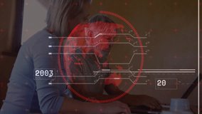 Couple scrolling laptop navigating history research, initiating rotating globe with floating labels. Technology, collaboration, innovation, digital, education, data visualization, professional - Powered by Shutterstock - Get 15% off with code: PIKWIZARD15