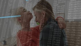 Couple hugging near boxes during move, activating scrolling technology code overlay flooding scene. Romance, intimacy, digital, technology, transition, connection, affection - Powered by Shutterstock - Get 15% off with code: PIKWIZARD15