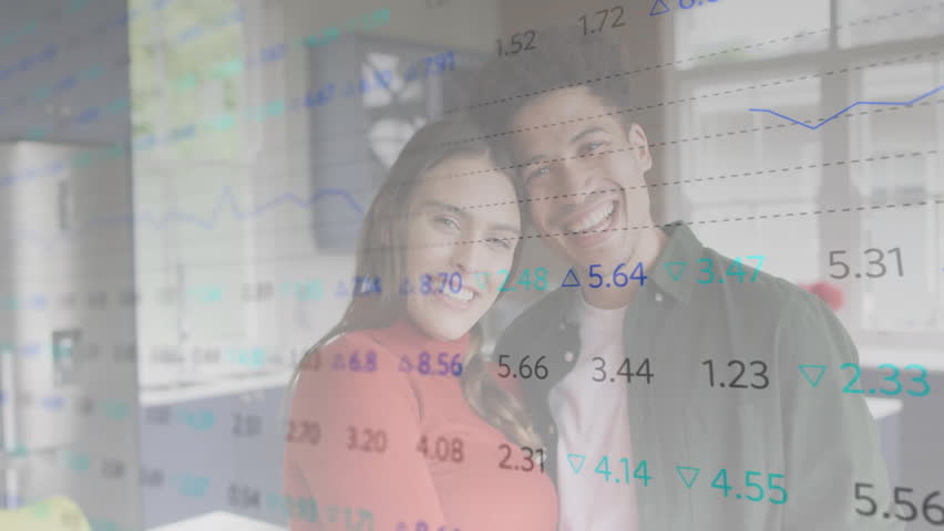 Couple smiling at camera, initiating moving transparent data overlay highlighting market trends. Romantic, modern, technological, finance, lifestyle, collaboration, vibrant - Powered by Shutterstock - Get 15% off with code: PIKWIZARD15