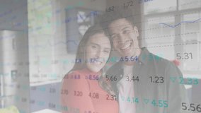 Couple smiling at camera, initiating moving transparent data overlay highlighting market trends. Romantic, modern, technological, finance, lifestyle, collaboration, vibrant - Powered by Shutterstock - Get 15% off with code: PIKWIZARD15