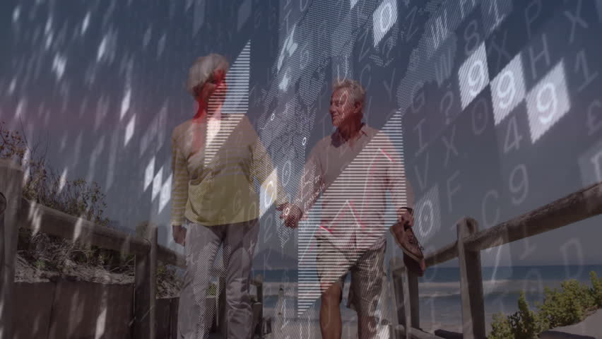 Emerging from beach access, senior couple walking boardwalk, tech data graphs mapping ocean horizon. Senior, couple, beach, boardwalk, digital overlay, data, graphs - Powered by Shutterstock - Get 15% off with code: PIKWIZARD15