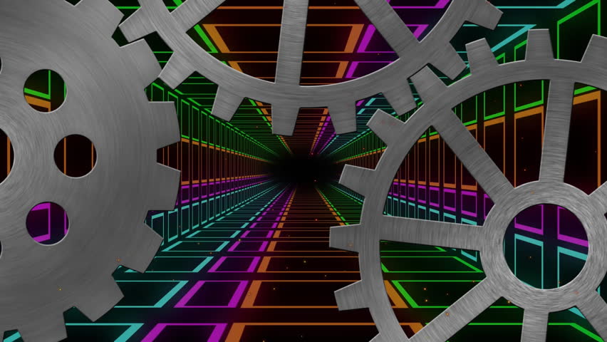 Flickering red outline sweeping and activating neon pink LEVEL COMPLETED while metal gears rotating. Technology, futurism, cyberpunk, digital, machinery, high-tech, industrial - Powered by Shutterstock - Get 15% off with code: PIKWIZARD15