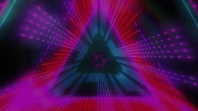 Pulsing neon dots receding, neon triangle forming, pink 3D LEVEL UP spinning, signaling level up. Cyberpunk, futuristic, digital, abstract, immersive, vibrant, technology - Powered by Shutterstock - Get 15% off with code: PIKWIZARD15