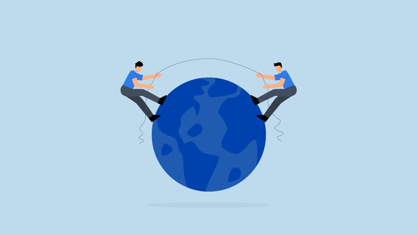 Geopolitics, 4k animation of entrepreneurs nations engaged in tug of war over the globe. 