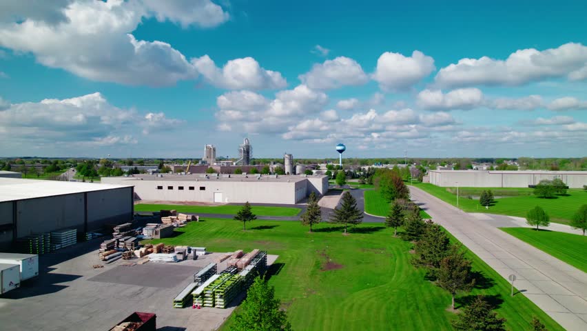 Industrial district in De Pere, Wisconsin, with clean roads, warehouse facilities, and a bright, cloud-filled sky.
