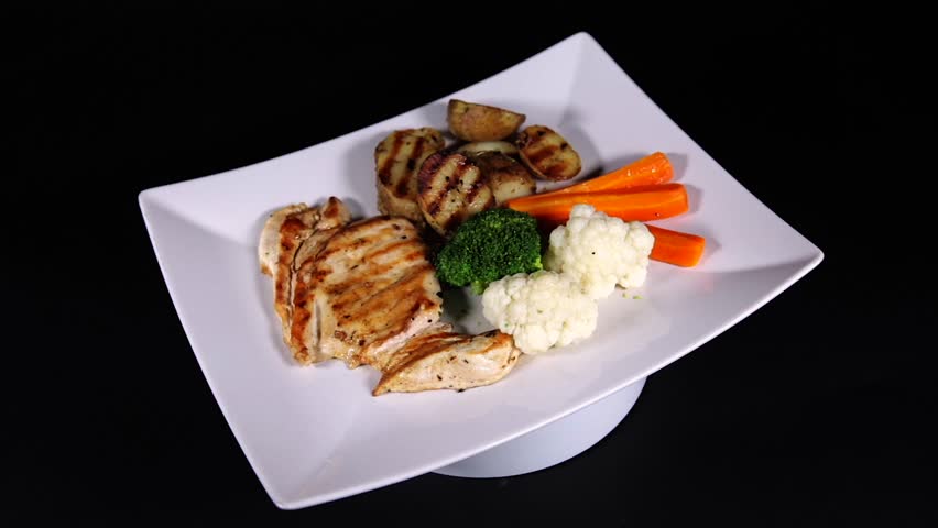 Spinning view of grilled chicken, veggies, and roasted potatoes on square plate.