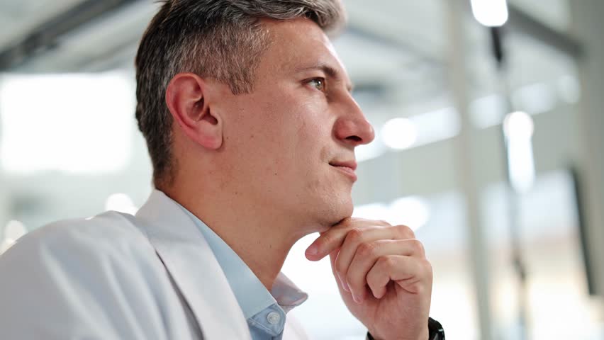 Professional scientist, dressed in a white lab coat and light blue shirt, thoughtfully pondering solutions in a bright laboratory environment. Focused and reflective.