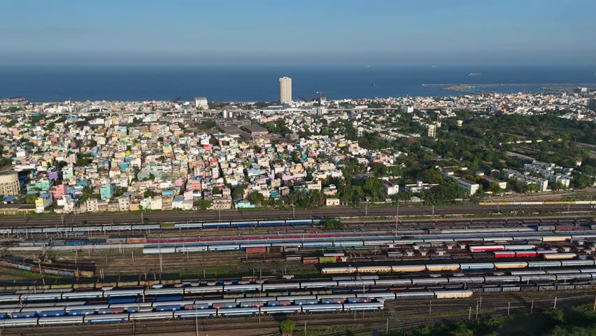 Drone capture of buildings during evening rush hour in North Chennai