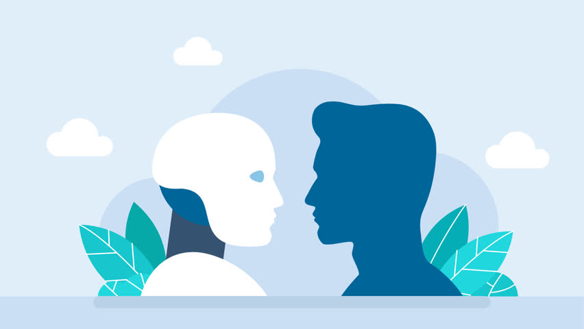 Artificial Intelligence VS Human. Difference between a robot and a man. Artificial intelligence vs human mind, new ideas, question marks, check mark tab. 2d flat animation - Powered by Shutterstock - Get 15% off with code: PIKWIZARD15