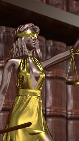 Blindfolded Lady Justice statue holding golden scales in courthouse setting. Legal system symbol representing fairness, law and order concept in 3D animation. 3d render.