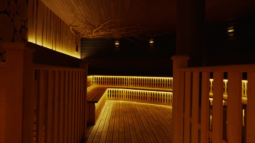 Cozy Interior Of Modern Sauna Or Steam Bath, Modern Illumination In Wooden Room